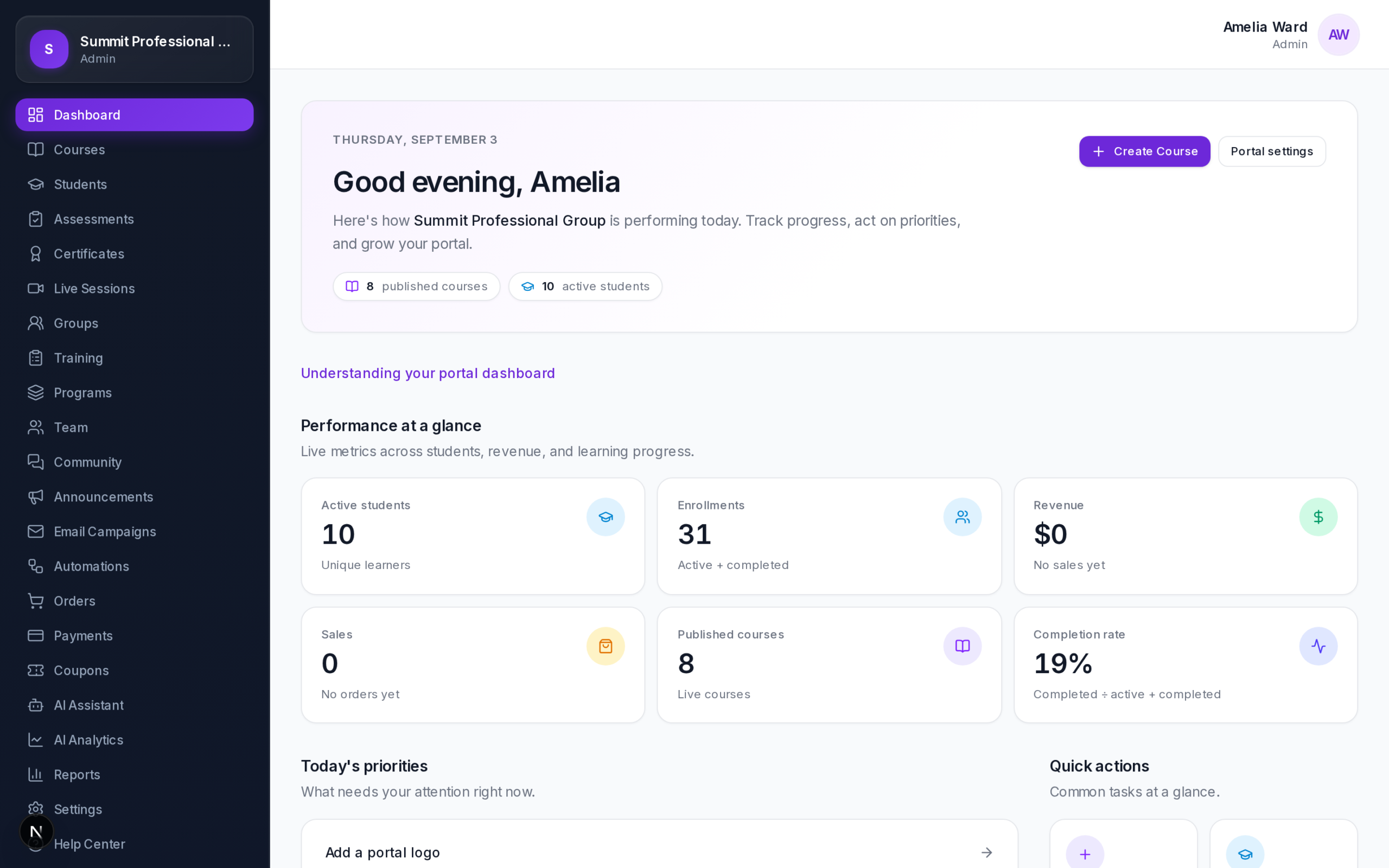 Betaa LMS client portal dashboard