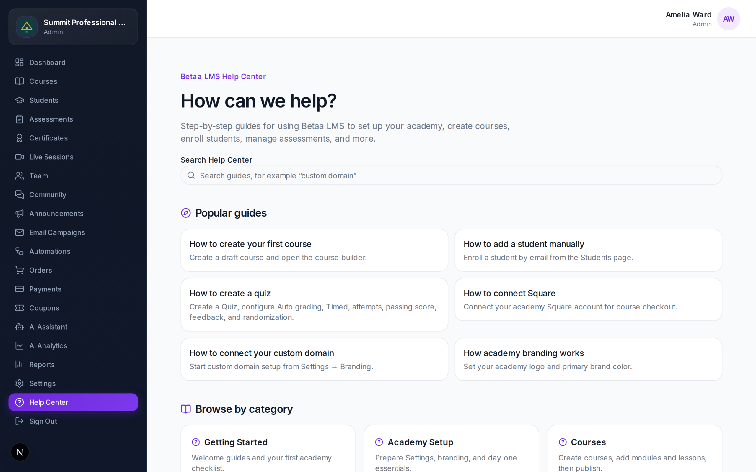 Help Center in Betaa LMS