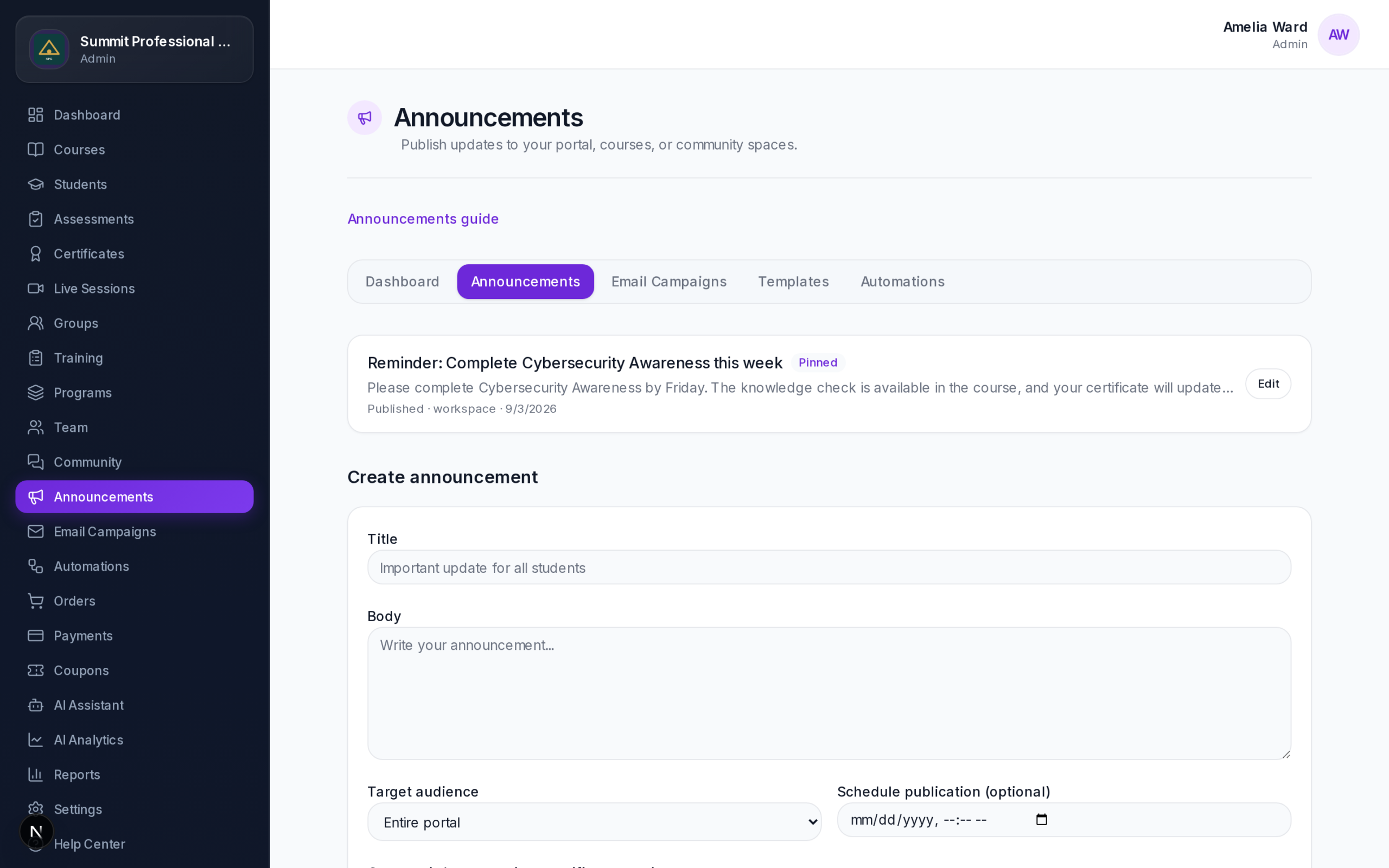 Announcements in Betaa LMS